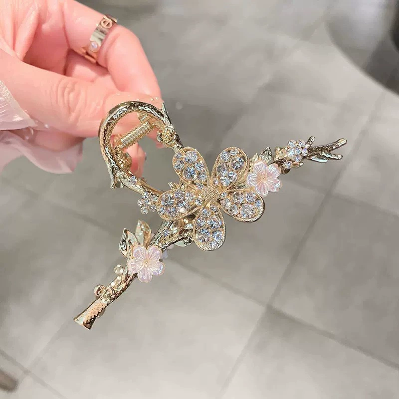 Зажим-домик для волос (краб) с золотистым и Rhinestones, акцент на ветке цветка