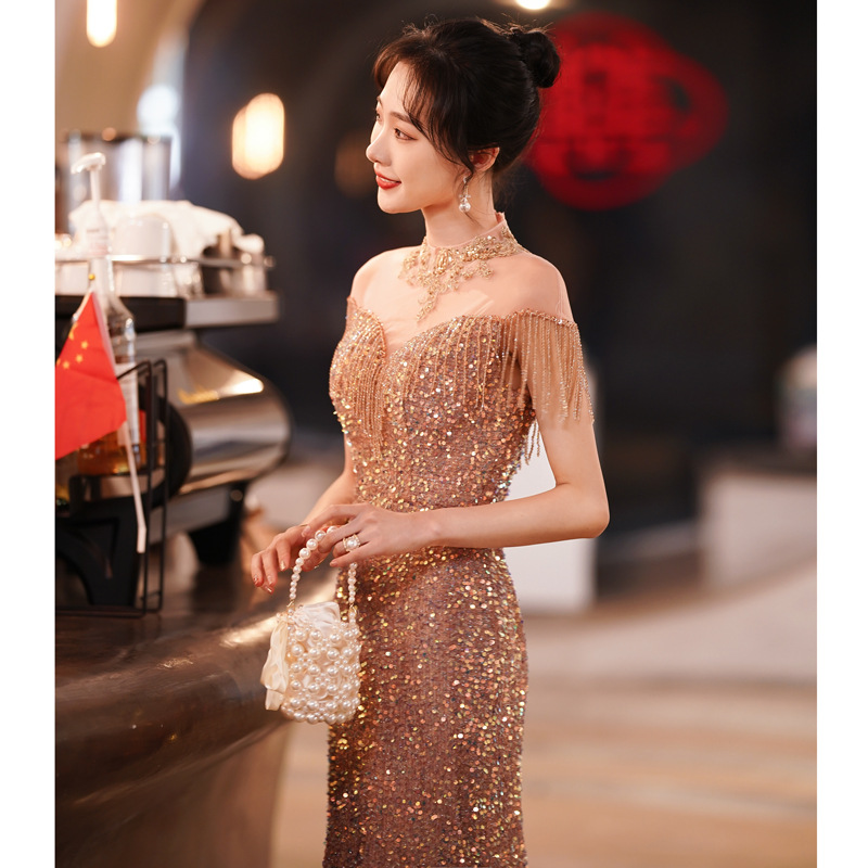 Vestido de Noche para Mujer, Estilo Nuevo 2025, para Reuniones Anuales, Cola de Pez, Banquete, Elegante, Temperamento de Socialité, Anfitriona, Vestido Digno y Magnífico