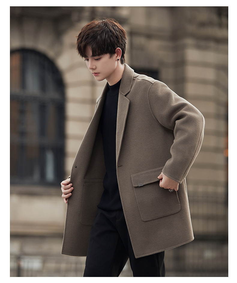 Two Sided Wool Jackets Mens Mid Length Blazer Lapel Trench Coats