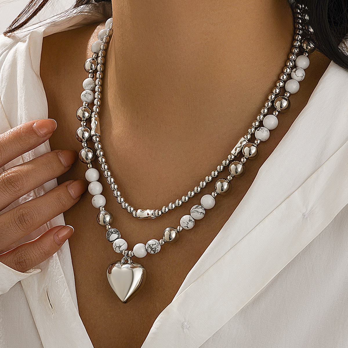 Heart Shape Pattern Elegant Lady Heart Shape CCB Alloy Beaded Chain Pendant Necklaces Wholesale