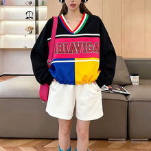 欧美风街头潮流V领卫衣新款宽松休闲慵懒风撞色个性百搭上衣女装