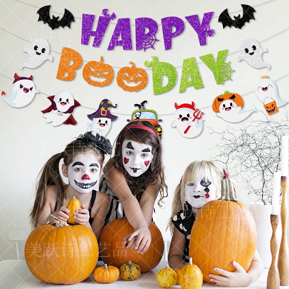 Amazon Halloween decoración pull bandera Halloween cumpleaños fiesta decoración banner pastel tarjeta inserción fantasma pull bandera
