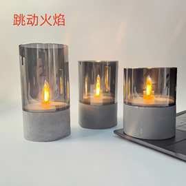 跨境热采跳动火焰LED电子蜡烛灯户外仿水泥玻璃 卧室氛围浪漫摆件