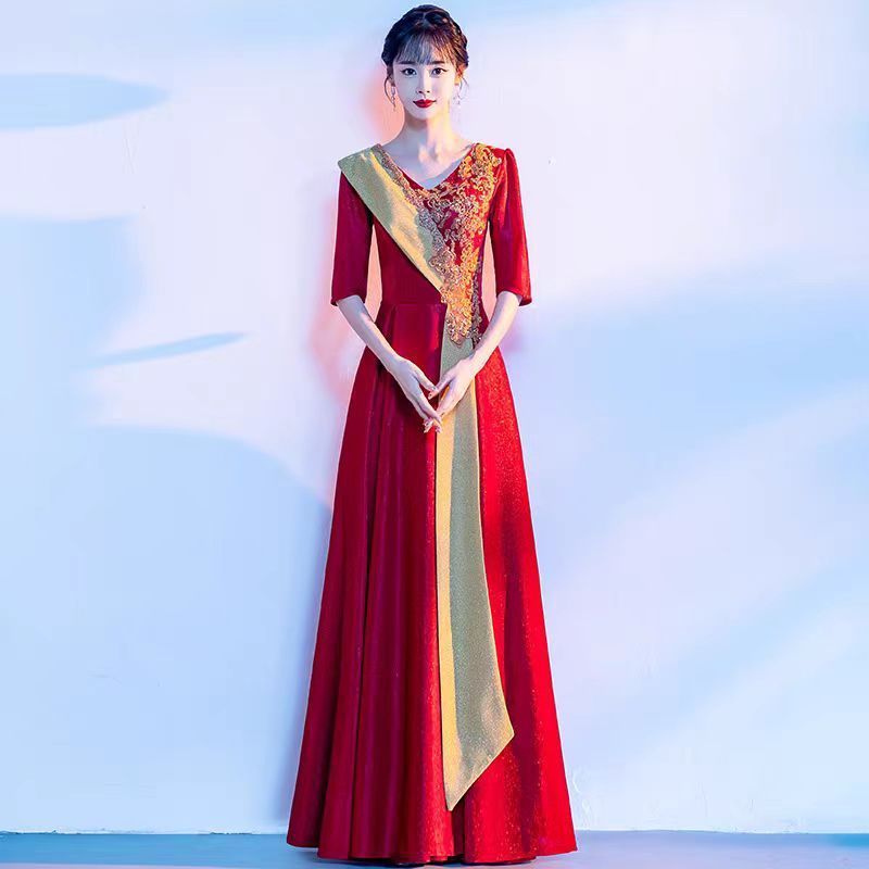 大合唱団パフォーマンス服女性のロングスカート学生赤い歌朗読服ホスト宴会気質スリムイブニングドレス女性|undefined