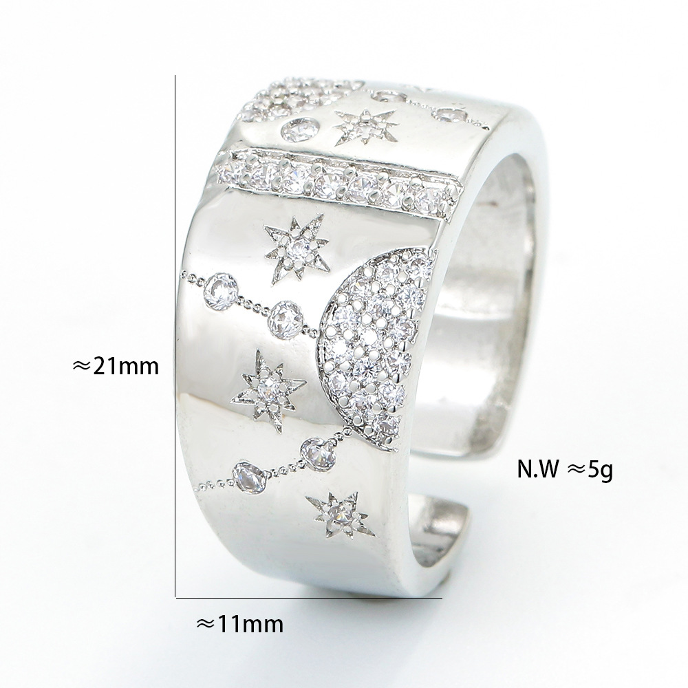 White, Gold Color Retro Micro-inlaid Zircon Star Moon Opening Wide Copper Ring Wholesale Nihaojewelry
