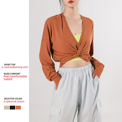 Wuxi Jiuyi Cotton-Feel Yoga Long-Sleeve Casual Women's Indoor and Outdoor Sports Hoodie with Cross-Over and Side Slits Running Top