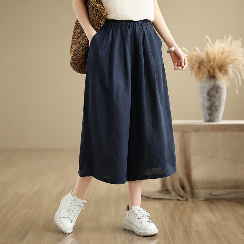 2025 Summer Large Size Linen Cropped Pants for Women, Loose Casual Pants and Skirts, Versatile Slimming Look Elastic Waist Wide Leg Pants