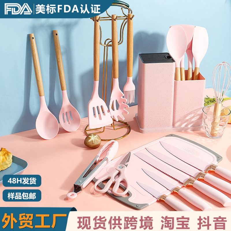 Espátula de silicona, cuchara de sopa, juego de 19 piezas, sartén antiadherente de grado alimenticio, pala de silicona, juego de cuchillos de silicona para utensilios de cocina al por mayor