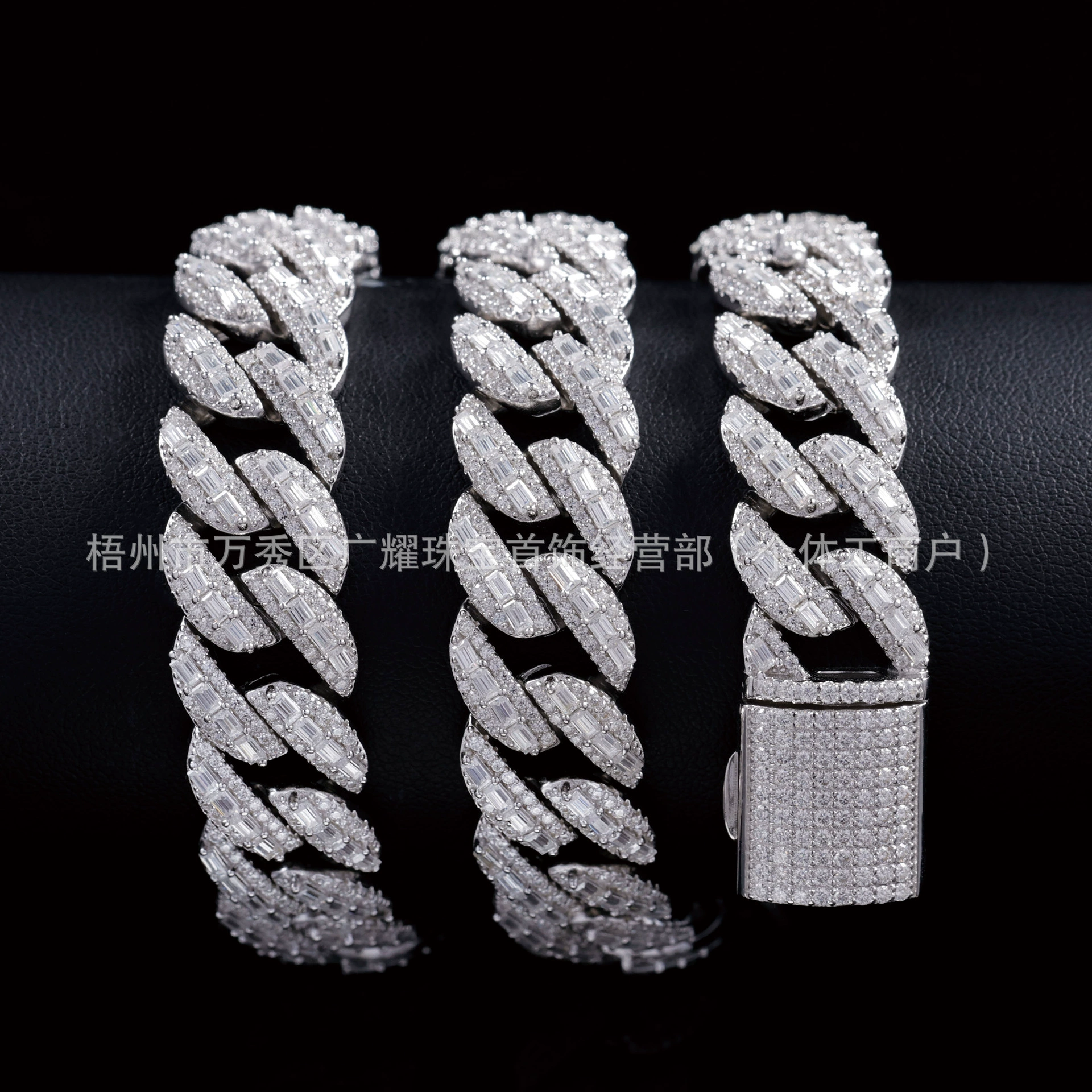 Мужской кубинский браслет-цепочка из серебра S925 с трапециевидными муассанитами цвета D, размер 15-20 мм, в европейском и американском стиле хип-хоп