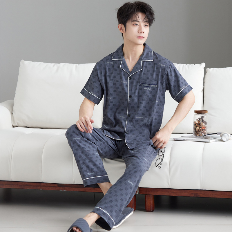 Retro Men's Ins-Style Minimalist Design Casual Cloud Cotton Loungewear Short-Sleeve Long-Pants Set Wholesale
