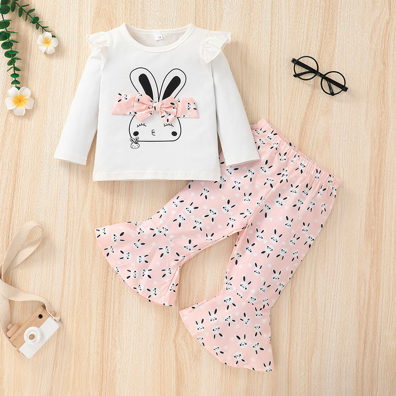 Wholesale Cute Rabbit Long-sleeved Pullover Children's T-shirt Flared Pants Two-piece Set Nihaojewelry display picture 1