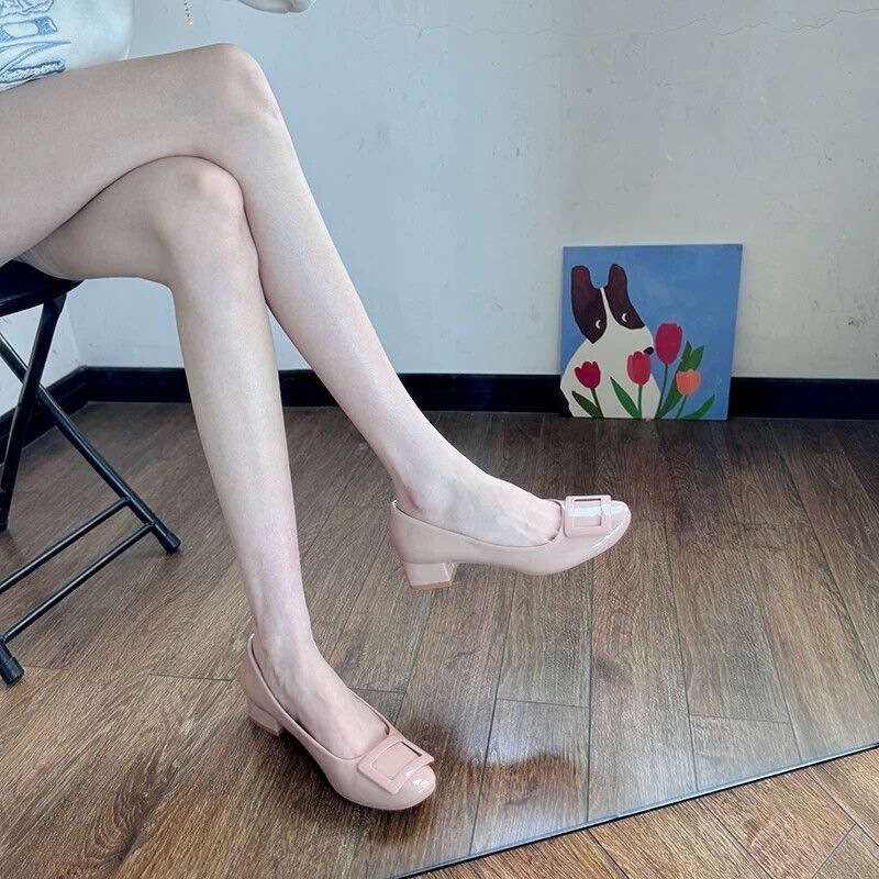 2025 New Summer Nude-Colored Round-Toe Chunky Heel Square Buckle High Heels for Women, Comfortable and Stylish French-Style Versatile Shoes 2025 New Summer Nude-Colored Round-Toe Chunky Heel Square Buckle High Heels for Women, Comfortable and Stylish French-Style Versatile Shoes