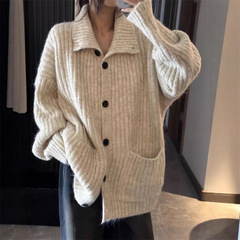 跨境高级感大版翻领纽扣毛衣开衫外套女秋冬宽松慵懒中长款针织衫