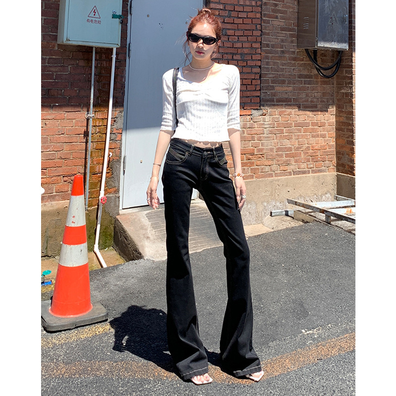 Black Low-Waist Micro-Flared Jeans for Women 2025 Autum New American Style Elastic Slimming Look Versatile Flared Pants