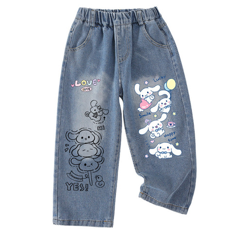 Kurumi Melody Children's Denim Jeans with Apple Dog Design for Girls, Spring and Autumn Straight Leg Pants, Casual and Trendy