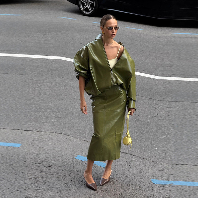 Cross-Border Aliexpress 2025 Autumn and Winter New Solid Color Elegant Stand-Up Collar Shiny Leather Jacket and Skirt Set