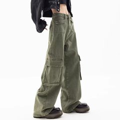 アメリカのレトロなハイウエストのグリーンの工装のジーパンの女子学生のファッションのブランドの新型のゆったりしているまっすぐな筒のカジュアルな広い足のズボンのファッション