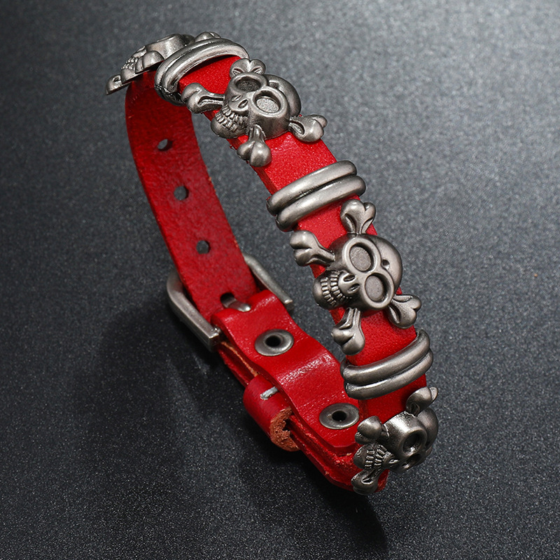 Skull Leather Bracelet Adjustable Retro Halloween Wristband_voghion.com