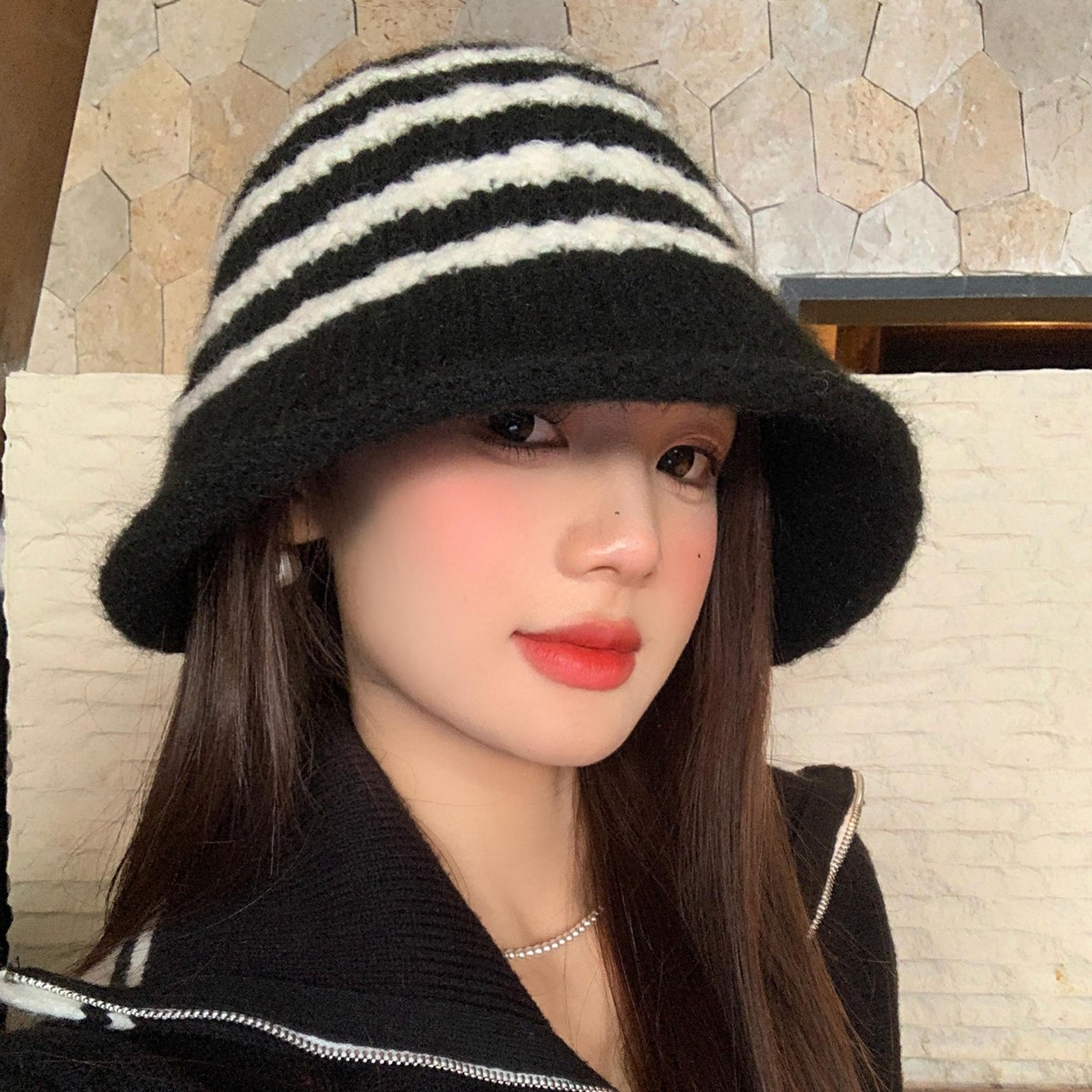 Cappello da pescatore in peluche retrò a righe in stile giapponese per donna, autunno e inverno, caldo, versatile, a tesa larga, snellente per il viso_voghion.com