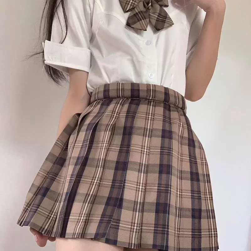 Brown student pleated skirt, plus size