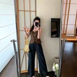 2025 New Retro Blue High Waisted Wide Leg Jeans Women's Large Size Plus Size Loose Straight-Leg Nine-Point Pants for Small People