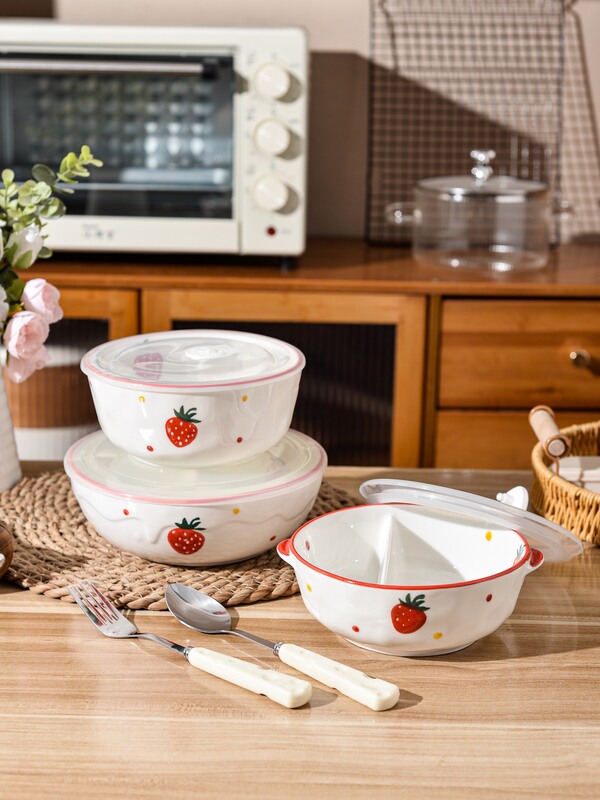 ♔ White Ceramic Lunch Box, Microwaveable, Portion-Controlled, Fresh-Keeping, with Lid, Two-Compartment Steaming Bowl, Meal Box with Compartments