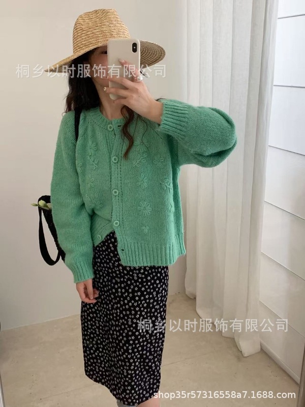 以时 秋冬戏弄韩系重工绣花针织开衫女 圆领花朵刺绣毛衣外套女|undefined