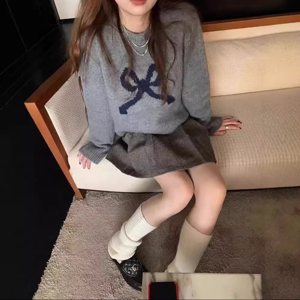 (2개) 2024 가을 새 한국 디자이너 귀여운 가리 활 크루 넥 니트 짧은 긴 소매 스웨터