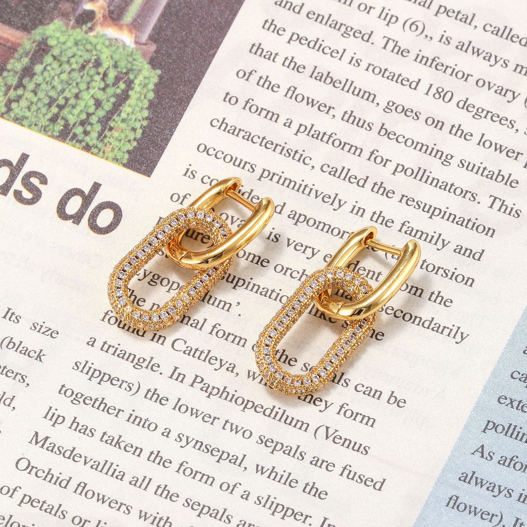 18K Gold Zircon Earrings Geometric Rectangular Ear Clips Single