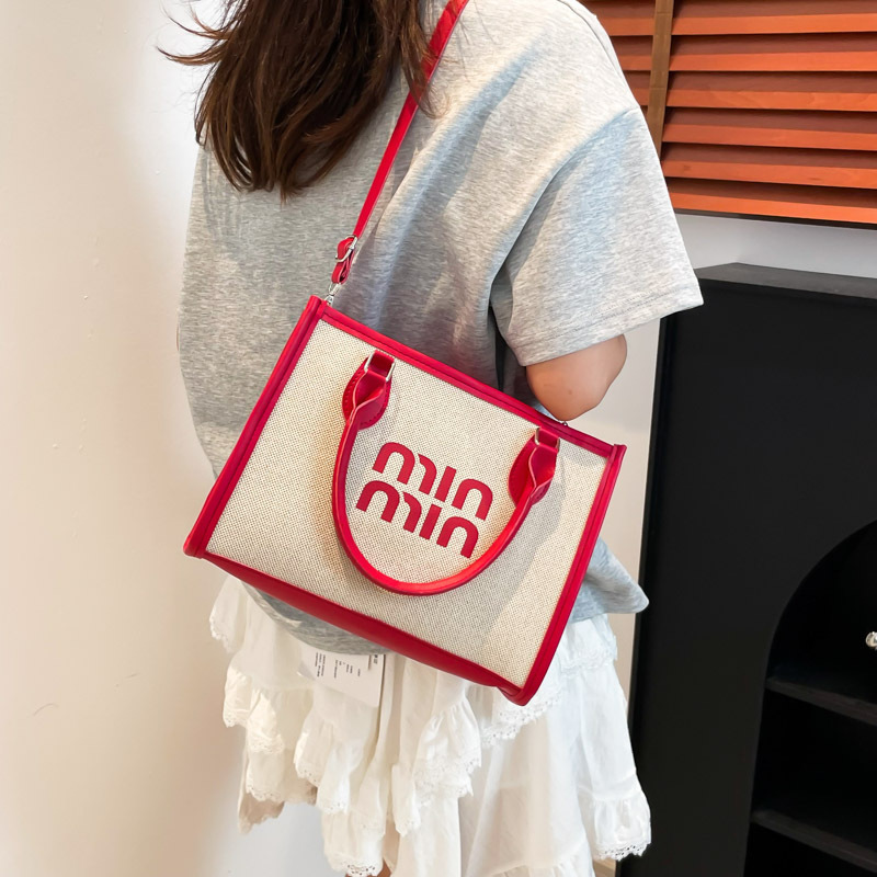 休闲通勤手提托特包女2025跨境外贸新款简约亚麻布撞色单肩斜挎包|undefined