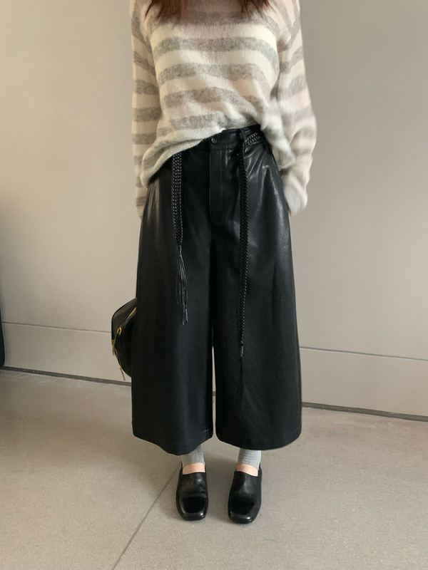 率性松弛感2025韩系个性街头百搭阔腿裤 高腰皮带高级感九分皮裤|undefined