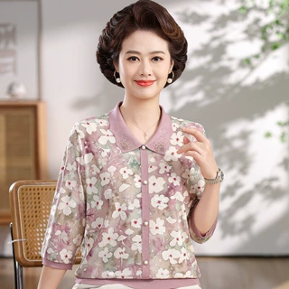 2026新款中老年女装七分袖宽松小衫妈妈装春夏翻领冰丝中袖T恤衫