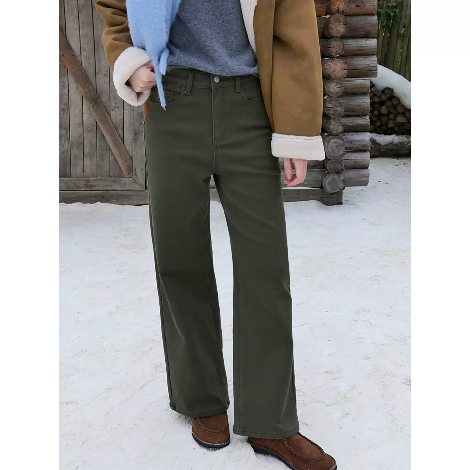 时简 长腿秘籍 加绒保暖阔腿弹力牛仔裤冬松弛显瘦直筒长裤02167