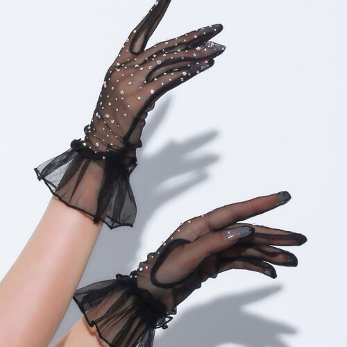 Nighttime Teaching Room Lolita Gloves Black Lace Trimmed with Rhinestones Short French Hepburn Style Dress Short Gloves