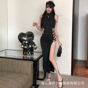 Nightclub Socialite Elegant Sexy Temptation Half-High Collar Bust-Enhancing Design Strap Long Dress Slit Hot Girl Bodycon Dress
