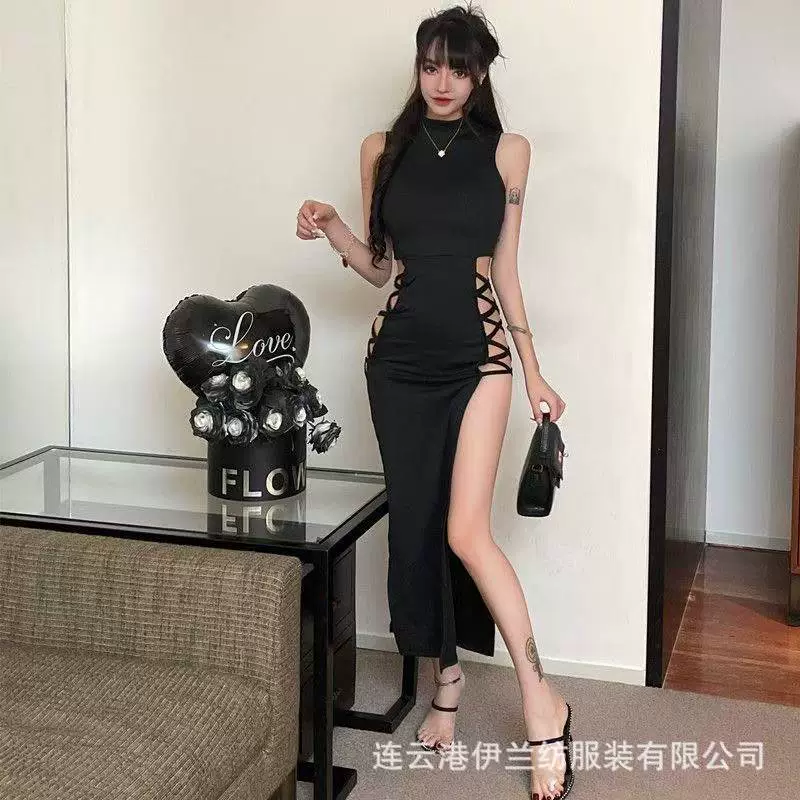 Элегантное сексуальное соблазнительное платье для ночного клуба с высоким воротником, откровенным дизайном и длинным разрезом, облегающее платье для горячей девушки