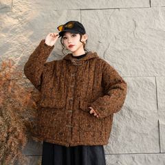 印花夹棉连帽加厚棉衣女短款2025冬款宽松棉袄复古棉服外套