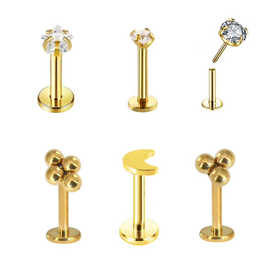 2024 new stainless steel 0.8-1.2mm thick insertion pole labret zirconium xingx round moon ear bone nail wholesale