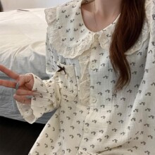 蕾丝花边软萌少女睡衣春秋季长袖长裤套装碎花樱桃小香风家居服
