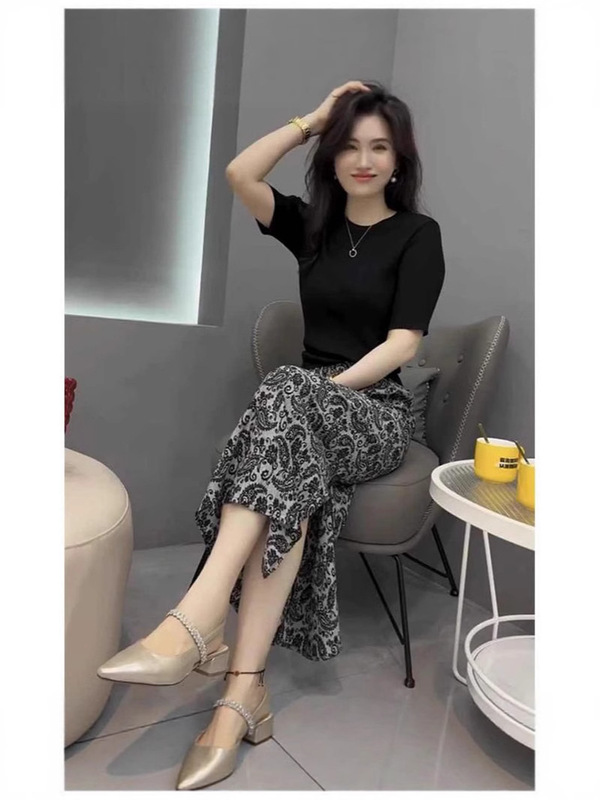 夏季薄款网红新款时尚百搭简约气质碎花开叉裙女松紧高腰中长裙子|undefined