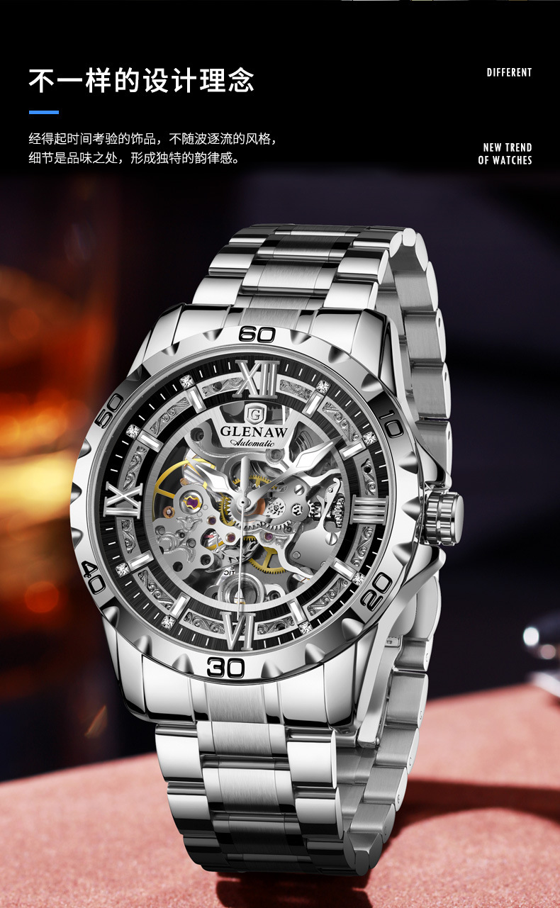 Đồng hồ nam thép không gỉ automatic lộ máy Glenn — Thắt lưng thép vàng 8718, Thắt lưng thép bạc 8718 chi tiết 4