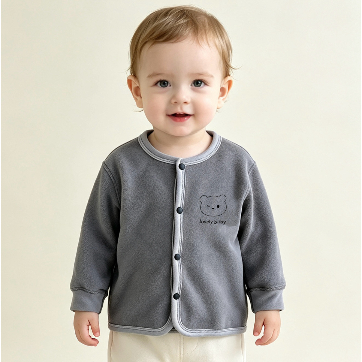 Autumn and winter children's outerwear, fleece-lined cardigan for toddlers, unisex baby warm top, versatile loungewear, ages 1-3