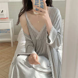 实拍2025秋季新款韩版简约睡衣女睡袍+吊带裙两件套睡衣家居服女
