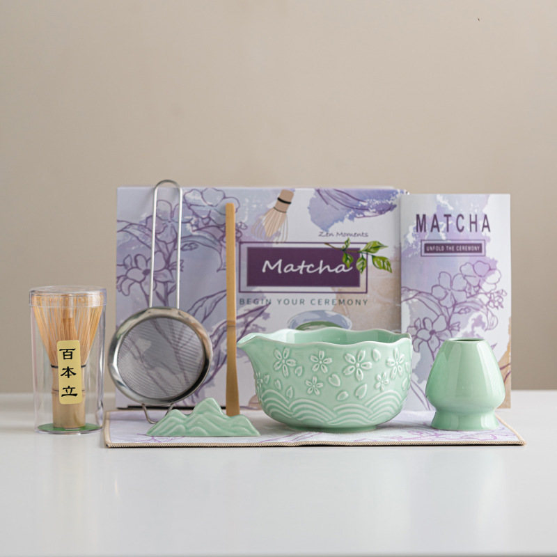 跨境专供日式陶瓷抹茶碗茶具套装浮雕樱花碗带嘴7件套高颜值彩盒|undefined