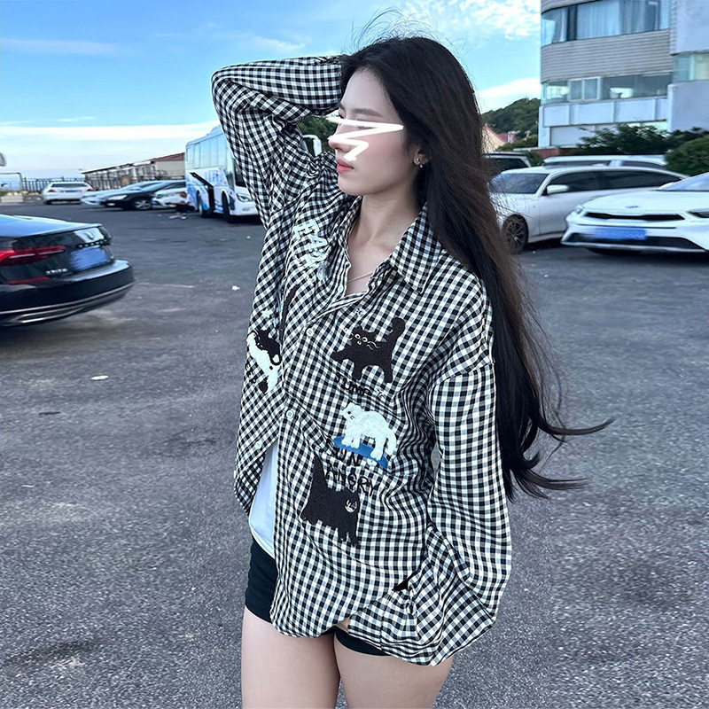 Fun Cat Embroidered Shirt Women's Design 2025 Autum Loose Casual Shirt Versatile Trendy Brand Long-Sleeved Top
