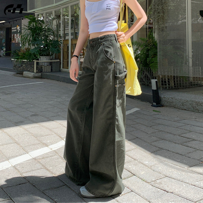 美式复古工装裤女秋季2025新款军绿色小个子休闲宽松阔腿牛仔裤潮|undefined