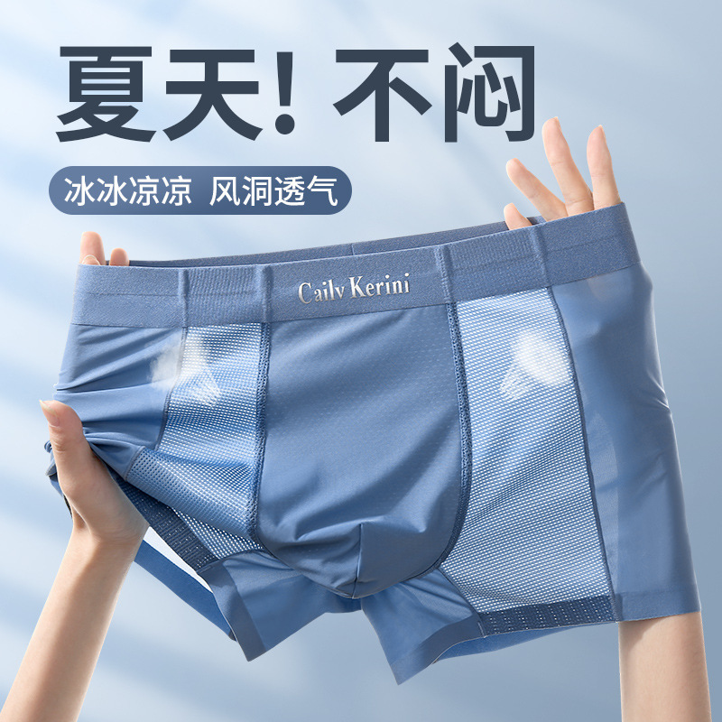 New Summer 2025 Men's Ice Silk Underwear Mid-Waist Breathable Mesh Thin Large Size Boxer Briefs Wholesale Men's Охck