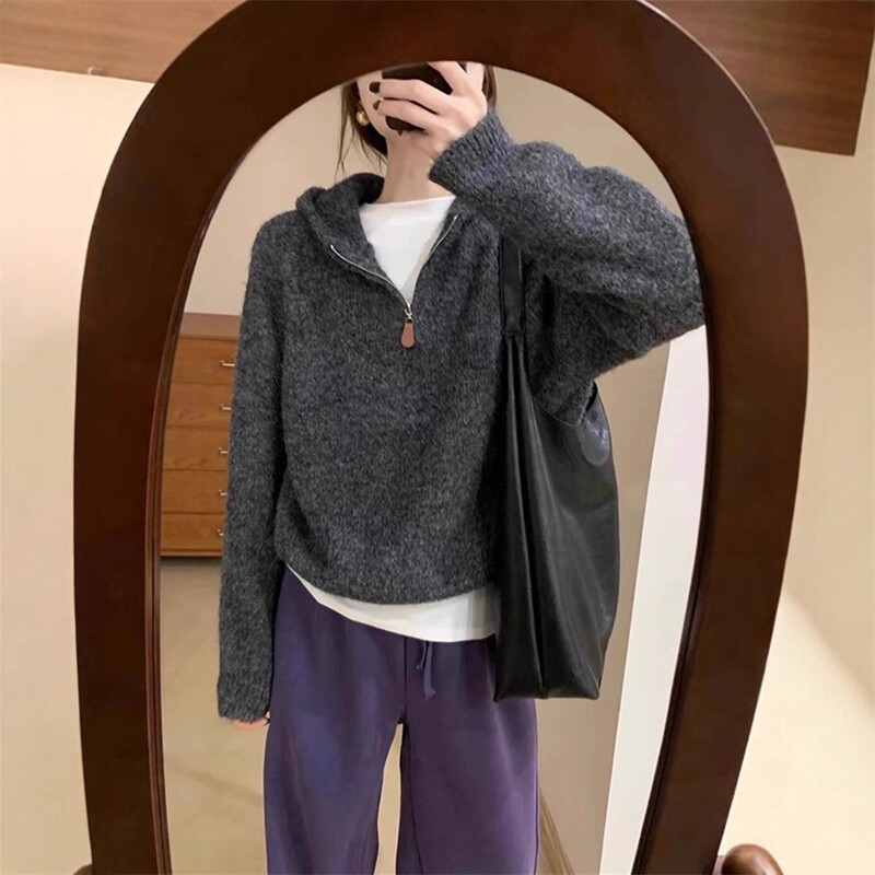设计感半拉链套头连帽毛衣女秋冬新款韩系宽松纯色软糯气质针织衫|undefined