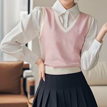 2026秋季新品韩版时尚休闲宽松假两件套针织马甲拼接短袖针织上衣