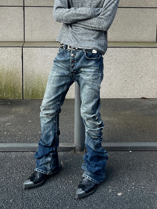 American High Street Retro Vibe Button Pleated Scimitar Jeans Men's Distressed Corrugated Straight Slim Fit Stacked Pants